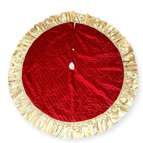 Red and Gold Quilted Velvet Christmas Tree Skirt - Picture 1 of 15